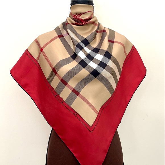Display # 1 Burberry Scarf House Check Beige Red Border Logo Silk Wrap - Picture 4 of 16